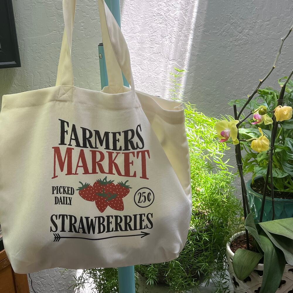 Farmer’s Market Strawberry Tote, Reusable Grocery Bag - Picture 2 of 3